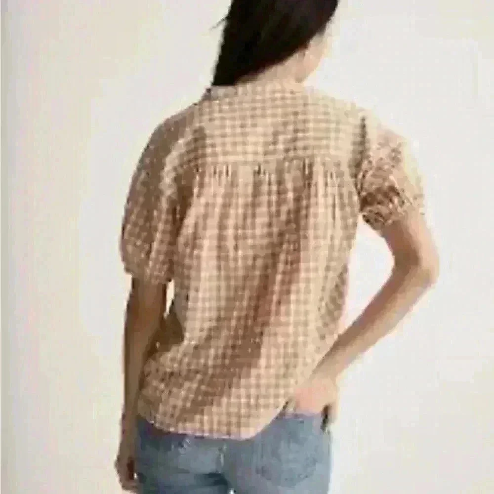 Madewell Crinkle Cotton Bubble-Sleeve Popover Shirt in Check XS - Picture 4 of 10